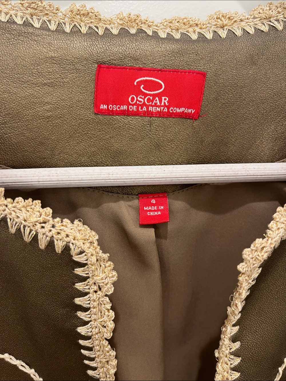 Oscar de la Renta Leather Jacket with Cream Embroidery-Olive Green-Gold Accents - Picture 2 of 8